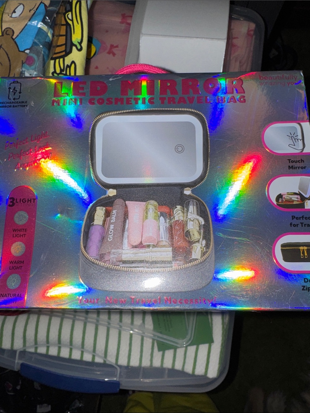 LED Mirror Mini Cosmetic Travel Bag - Black with Rainbow Logo - Picture 2 of 2